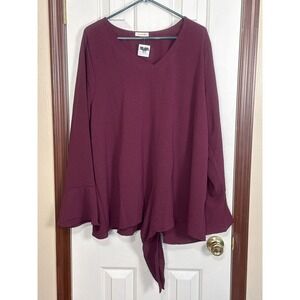 Cotton Bleu Tie-Front Blouse Bell Sleeve V-Neck Top Wine‎ Purple 3X
